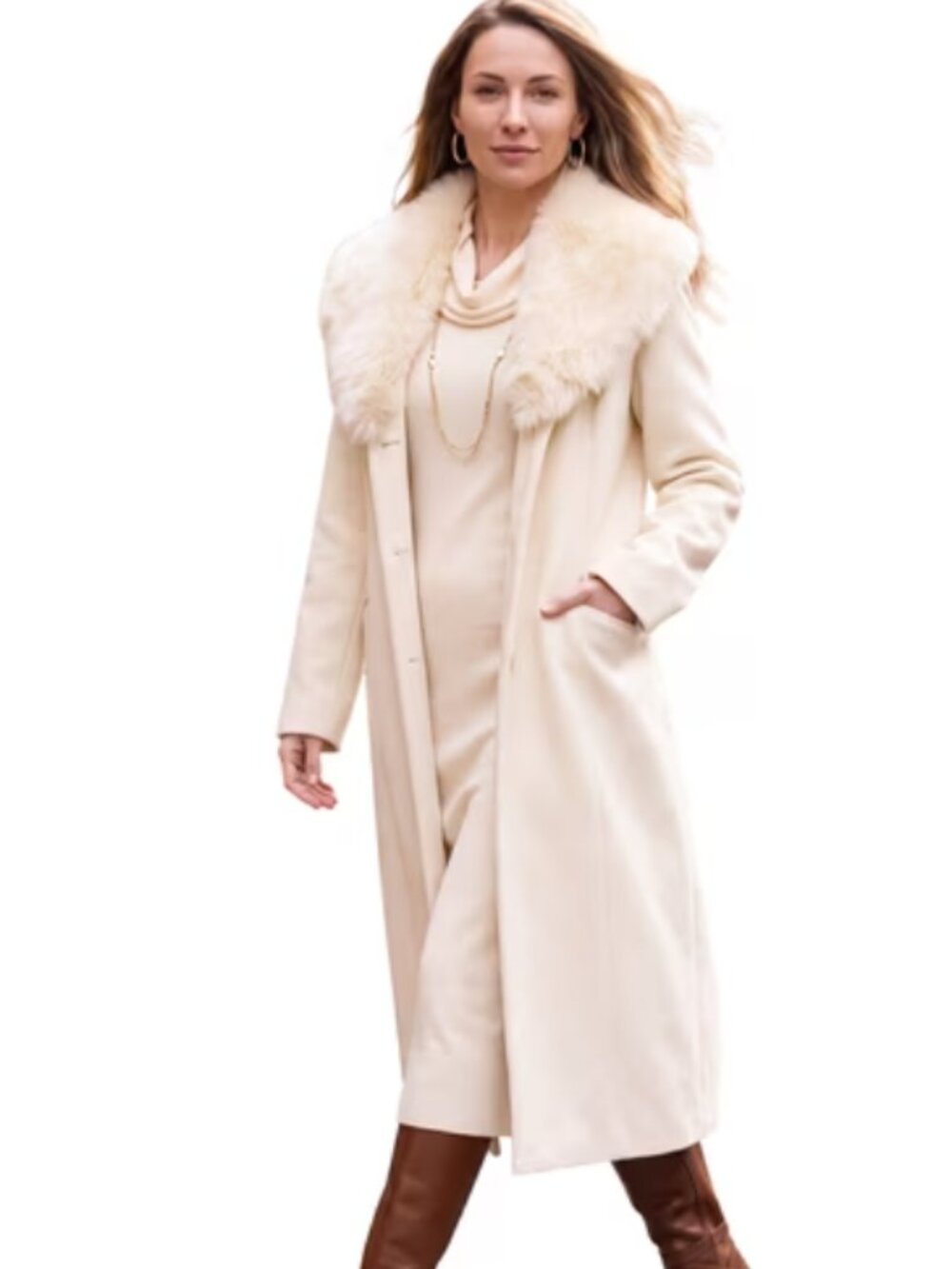 Jessica London Long Wool Blend Ivory Coat with Faux Fur Collar Size 18W